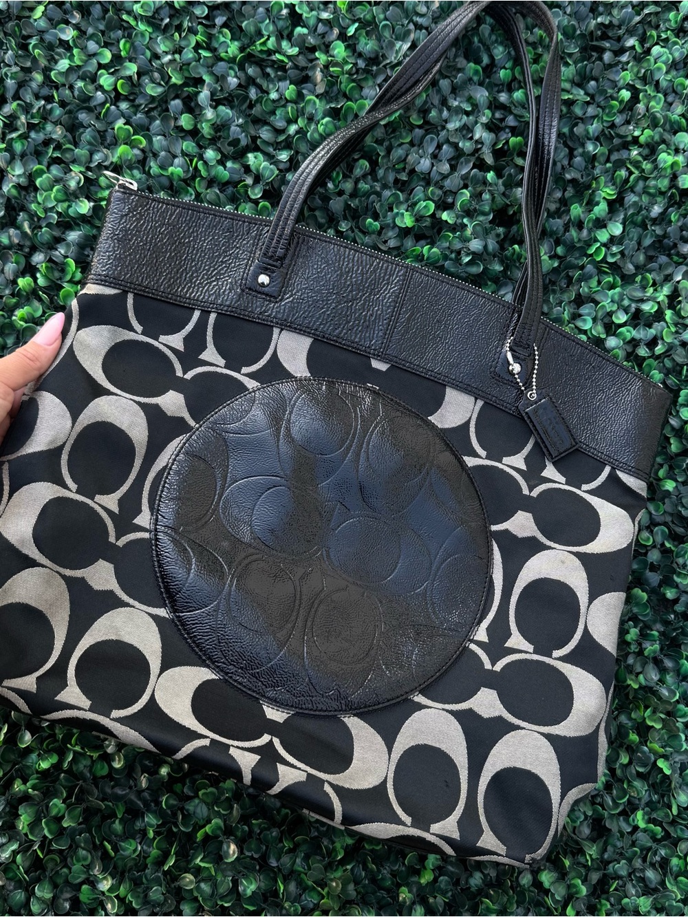 Coach Black and Cream Signature Pattern Leather-Trim Tote
